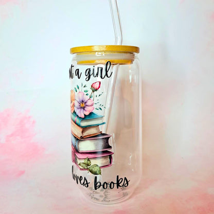 Just a Girl Who Loves Books 16oz Glass Tumbler, Bookish Gift for Readers, Bamboo Lid & Straw, Iced Coffee Smoothie Cocktail Glass Can Cup