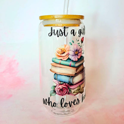 Just a Girl Who Loves Books 16oz Glass Tumbler, Bookish Gift for Readers, Bamboo Lid & Straw, Iced Coffee Smoothie Cocktail Glass Can Cup