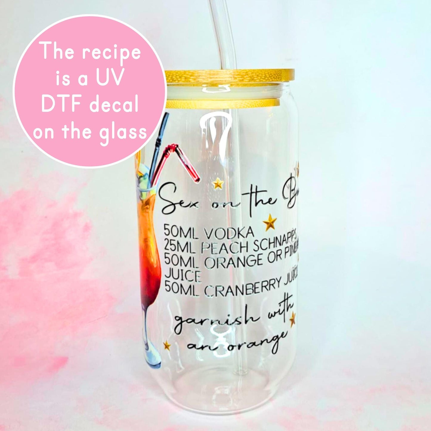 Sex on the Beach 16oz Cocktail Recipe Glass With Lid And Straw, Summer Vibes Classic Rum Cocktail, Poolside Drink Glassware Gift For Her #CL