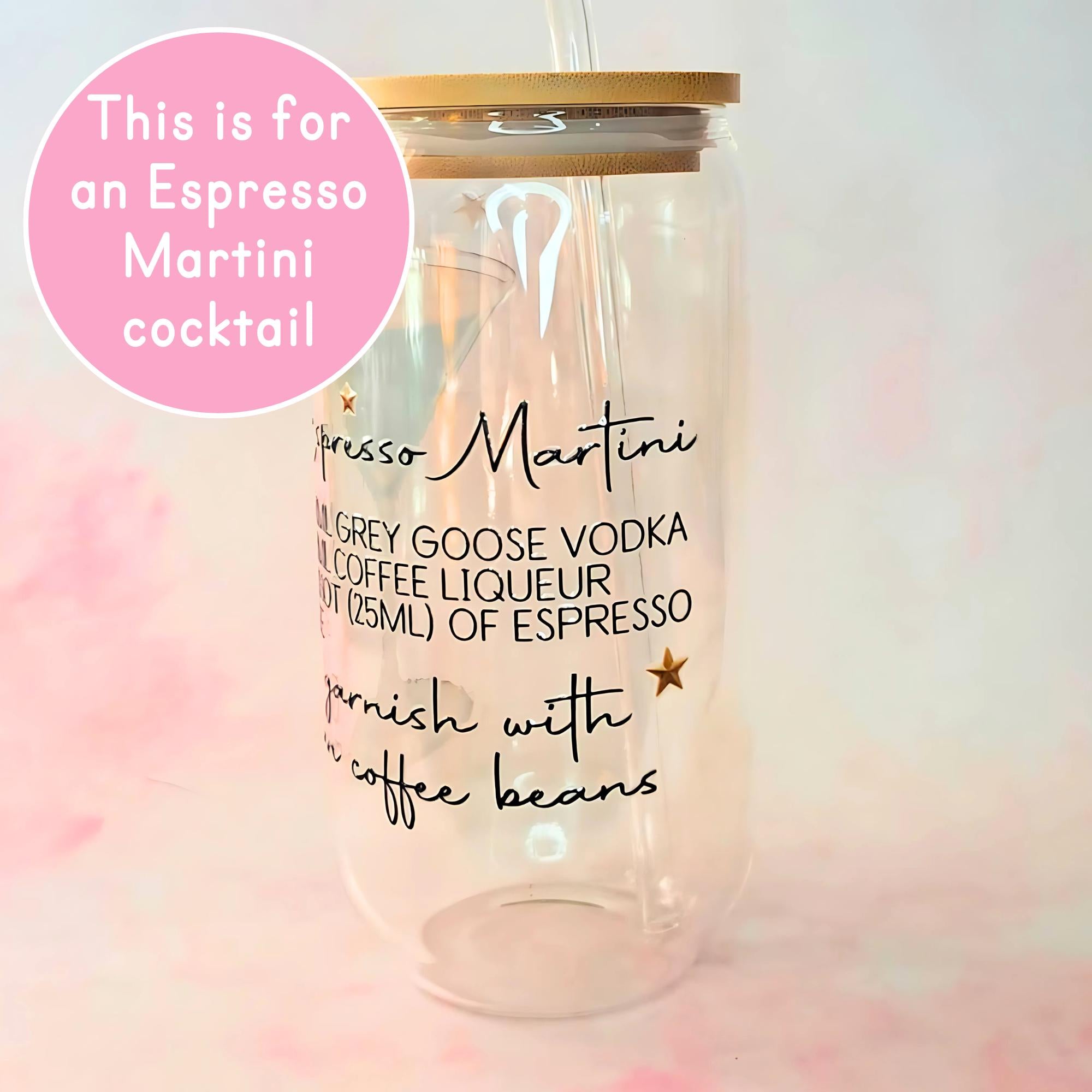 16oz Espresso Martini Cocktail Recipe Glass – Clear Tumbler with Bamboo Lid #CL