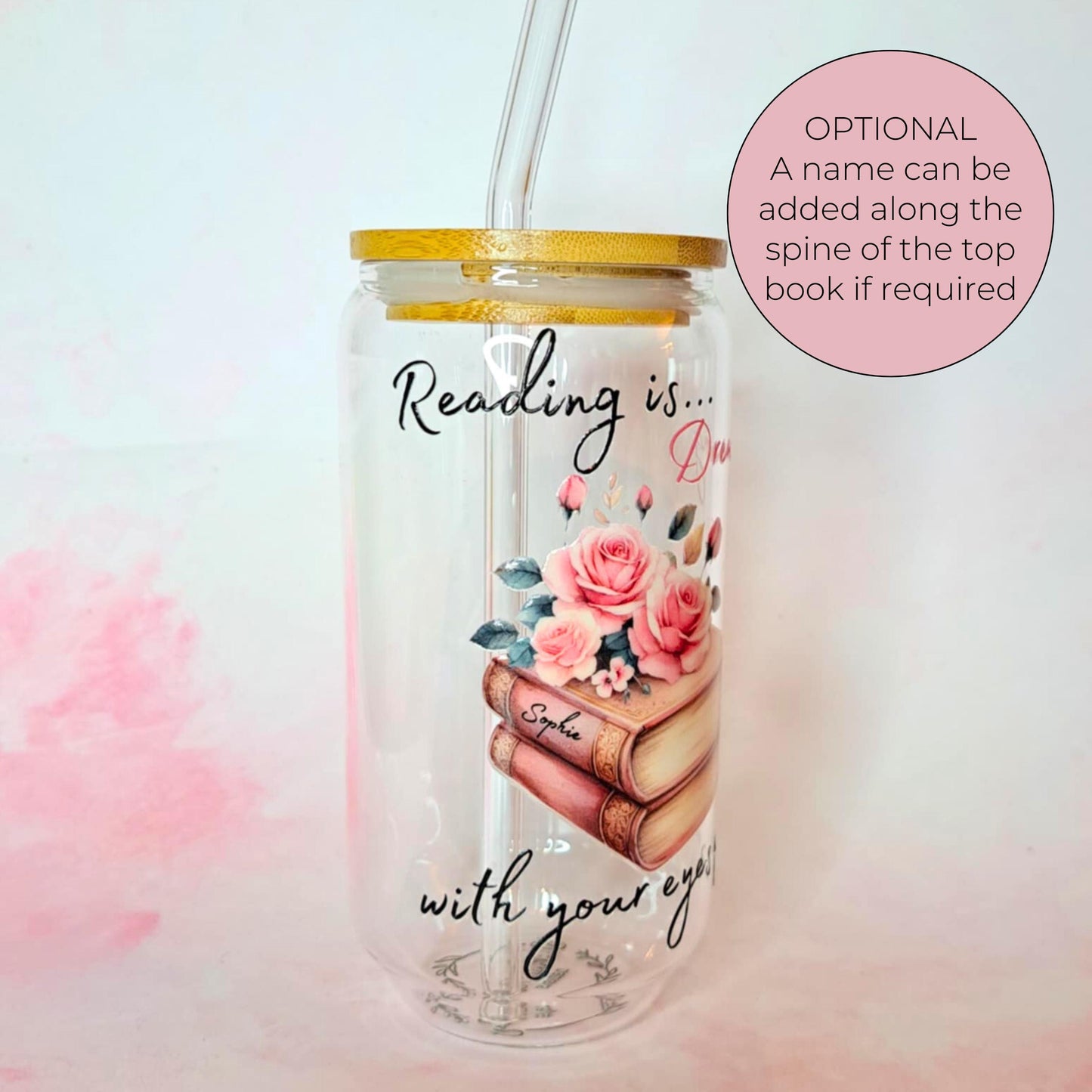 16oz Reading is Dreaming Glass Tumbler, Book Lover Gift with Bamboo Lid Glass Straw, Aesthetic Floral Stocikng Filler Drinkware for Readers