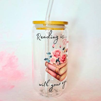 16oz Reading is Dreaming Glass Tumbler, Book Lover Gift with Bamboo Lid Glass Straw, Aesthetic Floral Stocikng Filler Drinkware for Readers