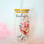 Reading is Dreaming 16oz Glass Tumbler, Book Lover Gift with Bamboo Lid Glass Straw, Aesthetic Floral Stocikng Filler Drinkware for Readers #CL