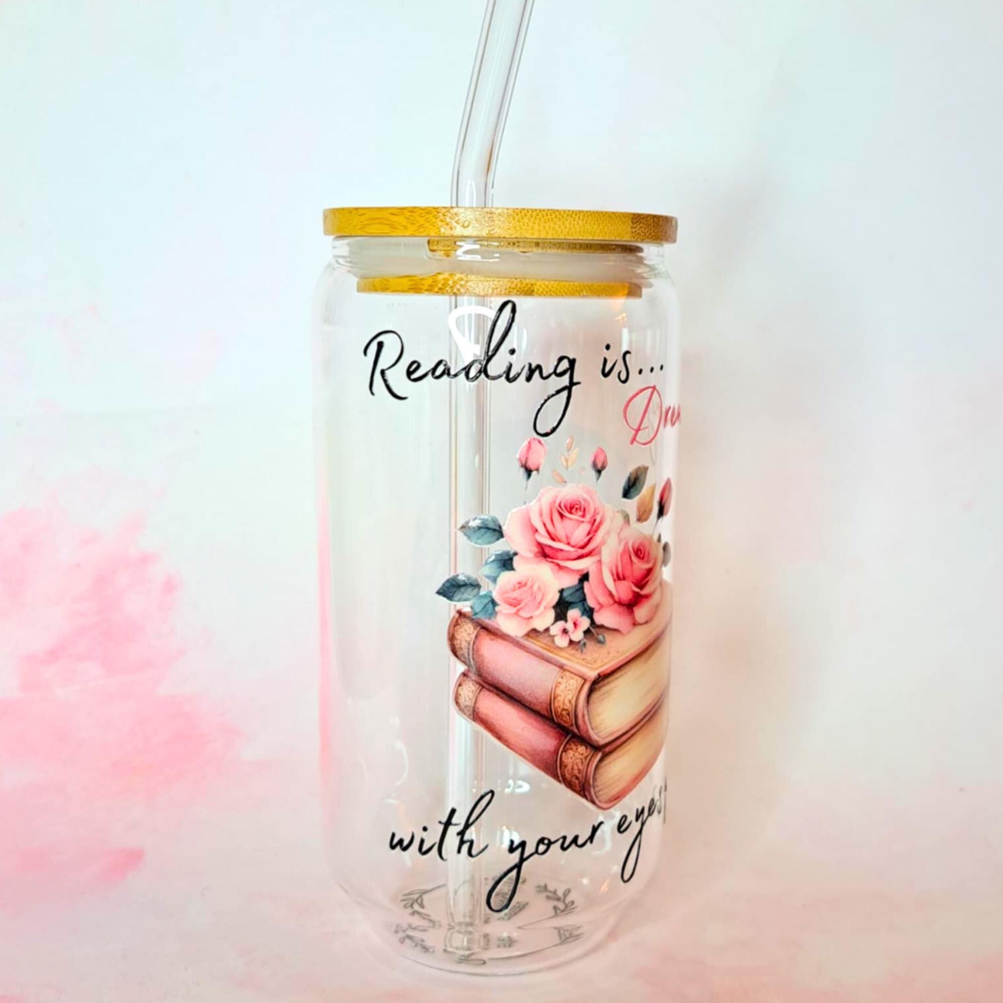 Reading is Dreaming 16oz Glass Tumbler, Book Lover Gift with Bamboo Lid Glass Straw, Aesthetic Floral Stocikng Filler Drinkware for Readers #CL