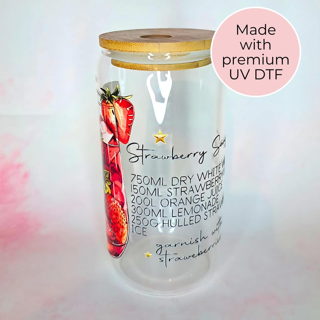 16oz Strawberry Sangria Cocktail Recipe Glass – Clear Tumbler with Bamboo Lid #CL