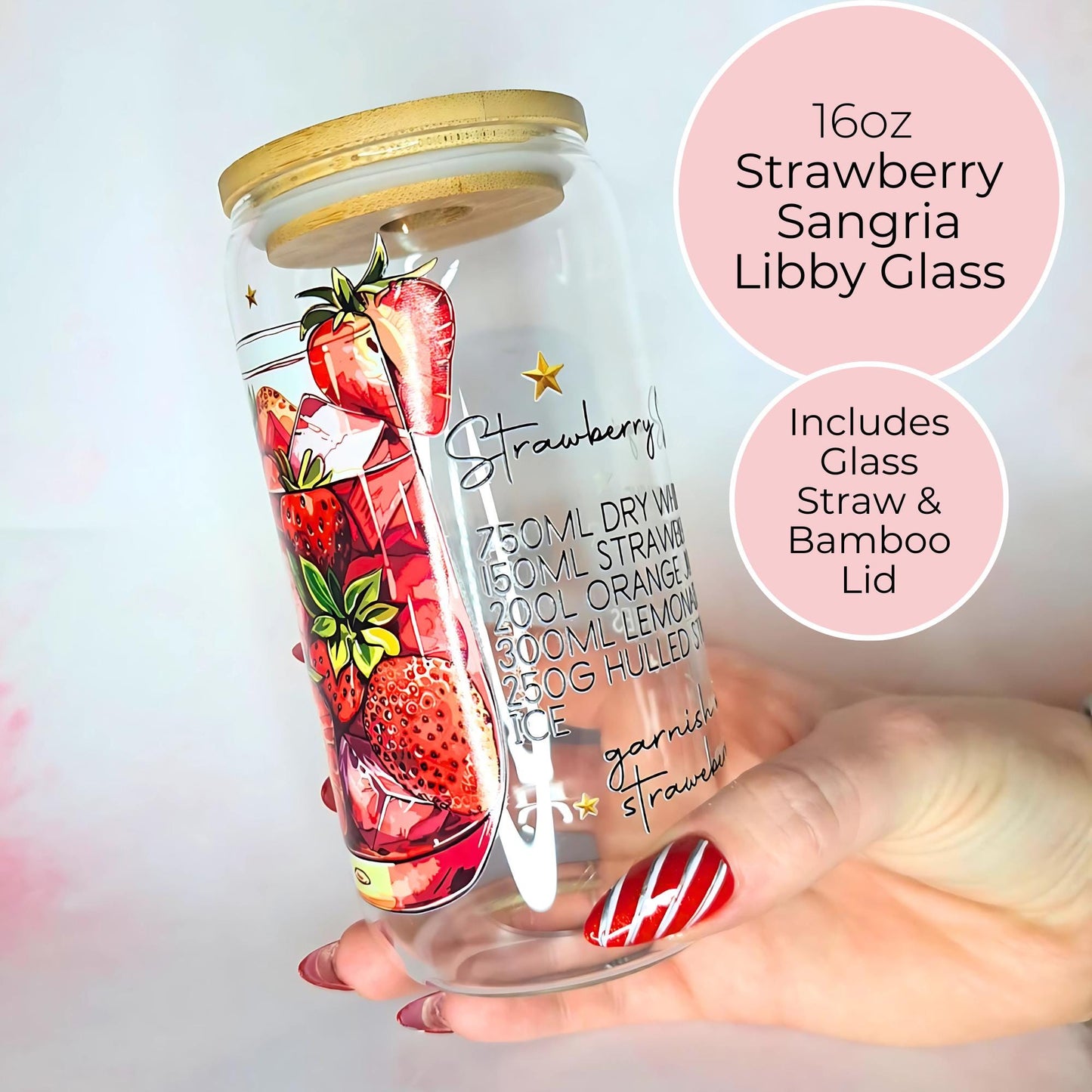 Strawberry Sangria Summer Soiree Cocktail Recipe Glass, Signature Wedding Drink Glass For Her, Blushing Bride Romantic Ccoktail Recipe Glass