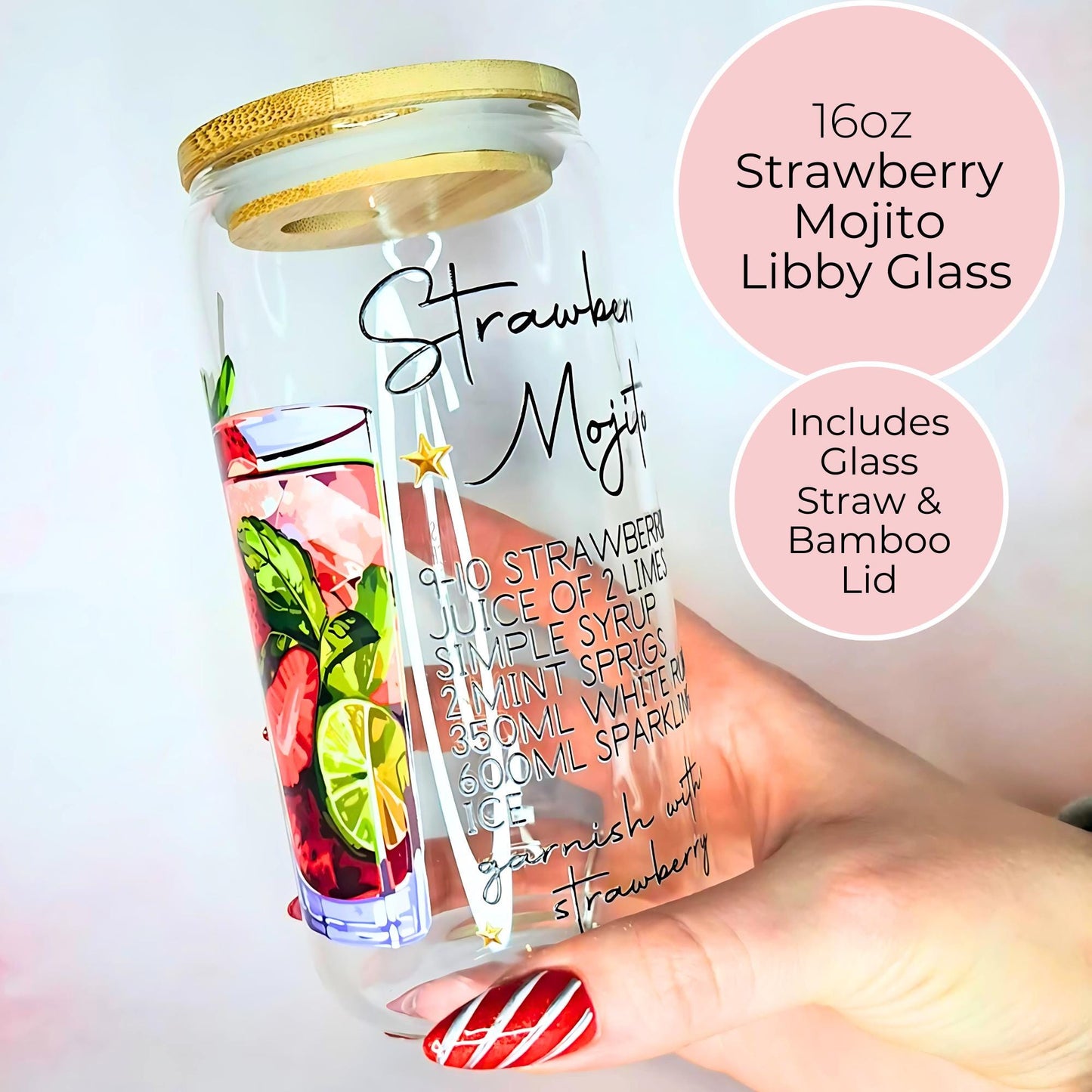 Strawberry Mojito Cocktail Recipe On A Glass, Summer Soiree Cocktail Party Barware, Cocktail Lover Wedding Gift, 18th Birthday Gift For Her