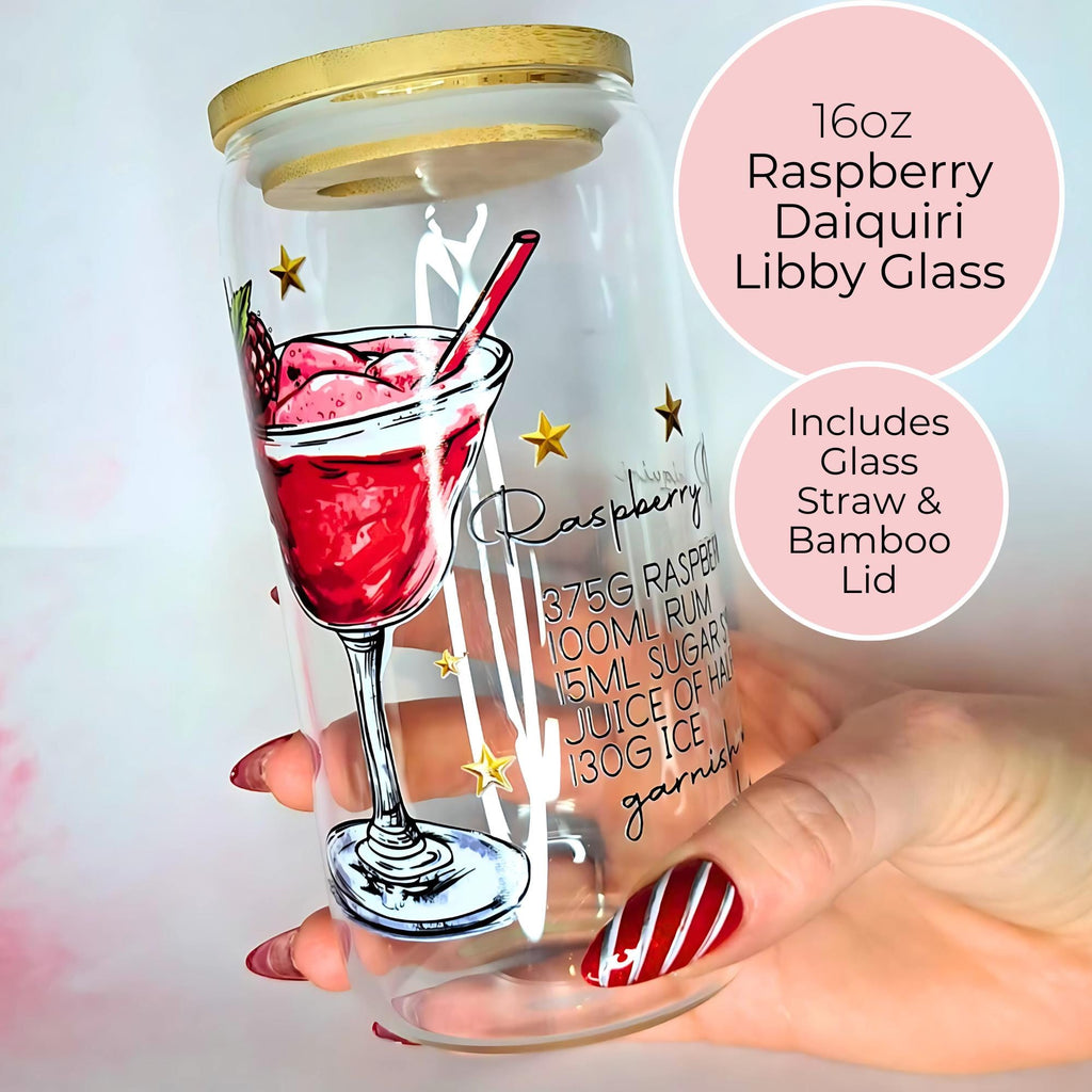 16oz Raspberry Daiquiri Cocktail Recipe Glass – Clear Tumbler with Bamboo Lid #CL