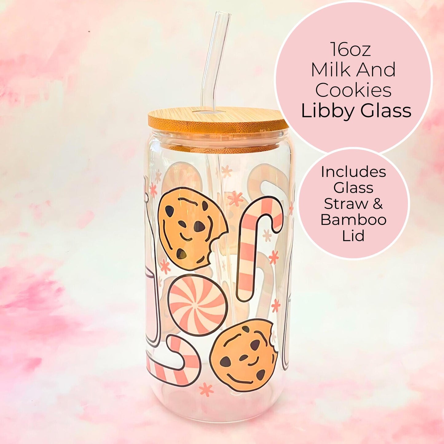 Milk Cookies And Candy Cane 16oz Libby Glass Tumbler, Stylish Christmas Drinkware For Her, Warm Cold Drink Tempered Glass With Glass Straw