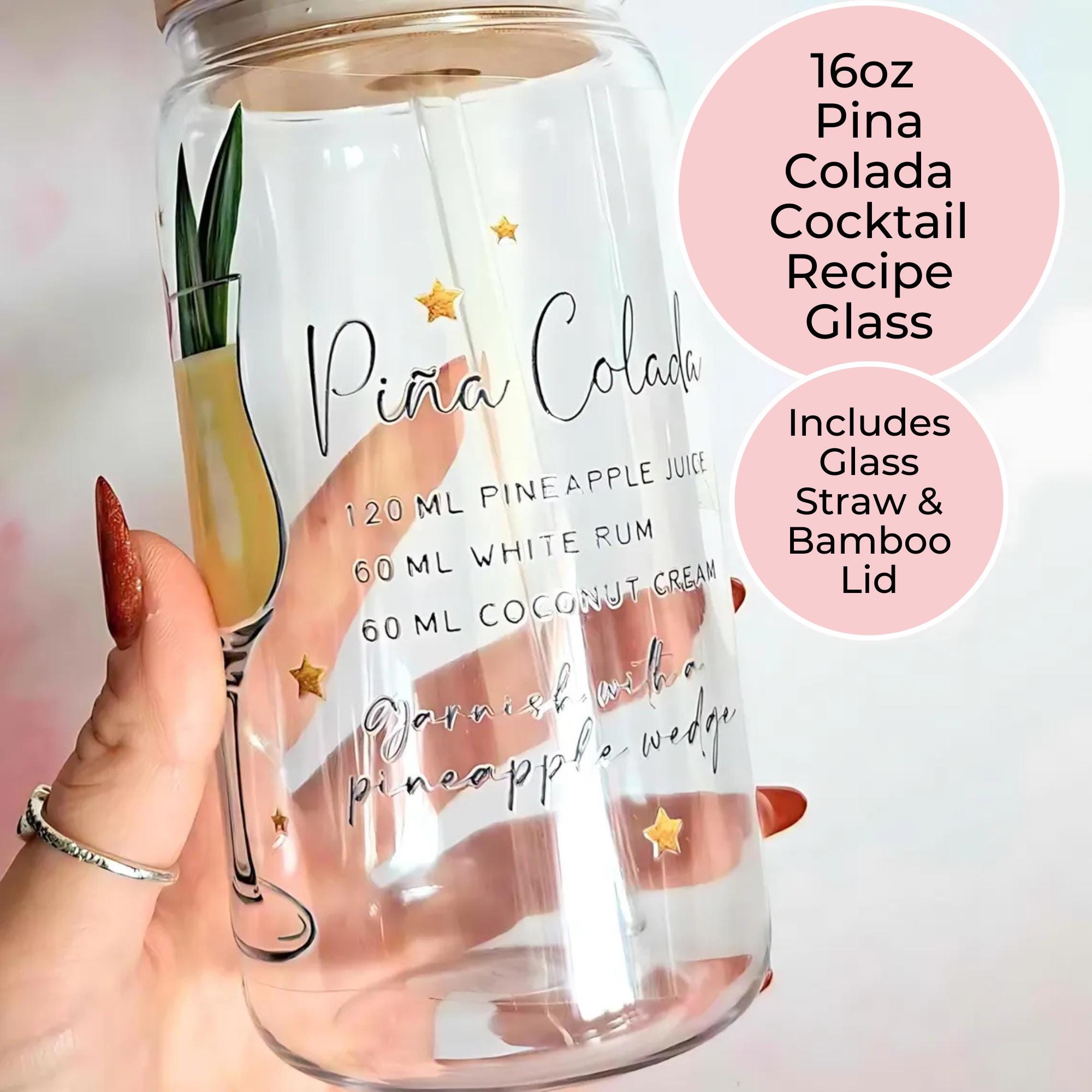 16oz Pina Colada Cocktail Recipe Glass – Clear Tumbler with Bamboo Lid #CL