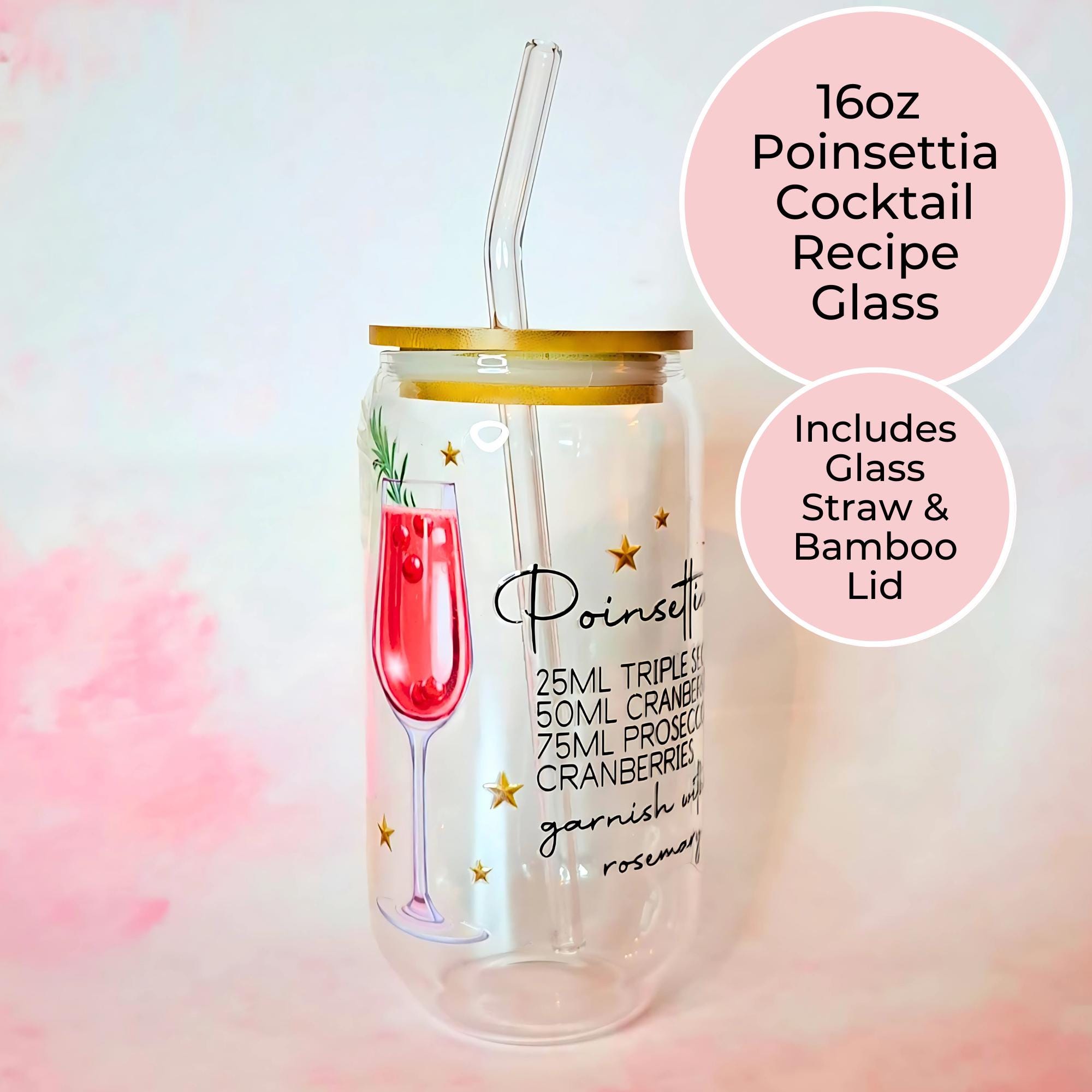 16oz Poinsettia Cocktail Recipe Glass – Clear Tumbler with Bamboo Lid #CL