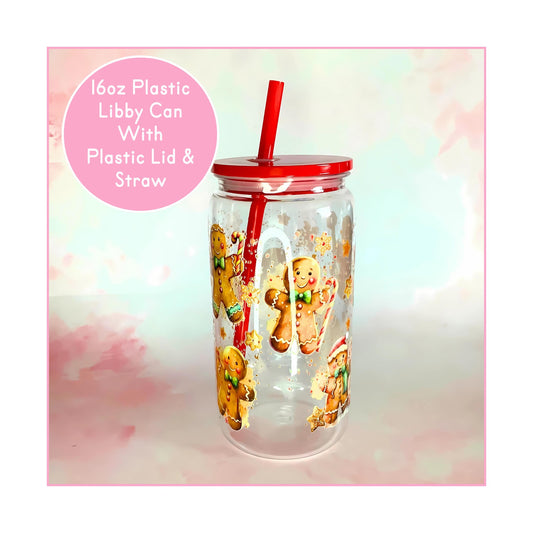 Christmas Gingerbread BPA Free Plastic 16 oz Libby Glass Can, Christmas Mocktail Cocktail Straw Tumbler For, Festive Themed Drinkware