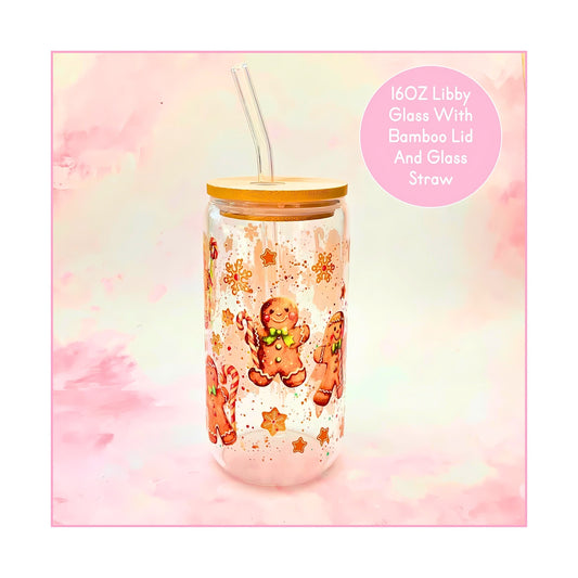 Cute Watercolour Gingerbread Man 16oz Libby Glass Tumbler, Christmas Drinkware For Her, Warm Cold Drink Tempered Glass With Glass Straw