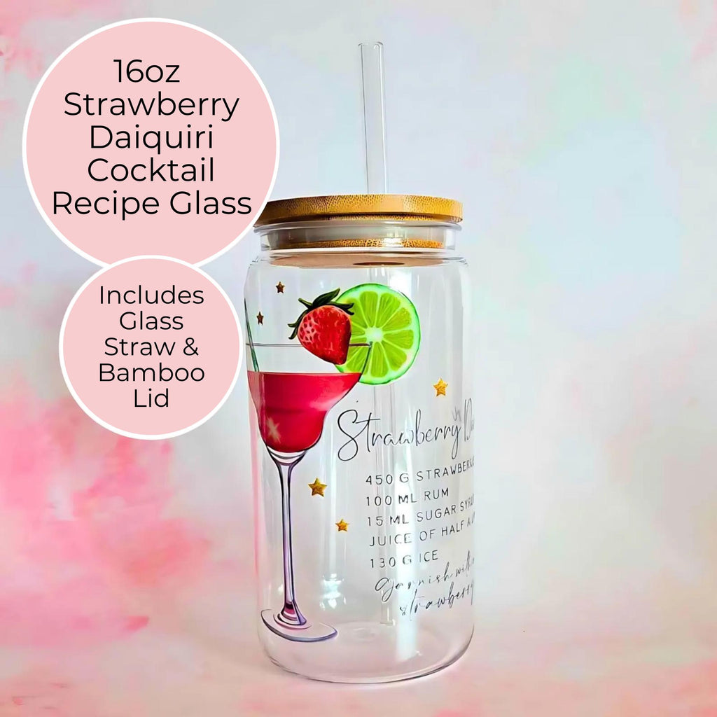 16oz Strawberry Daiquiri Cocktail Recipe Glass – Clear Tumbler with Bamboo Lid #CL