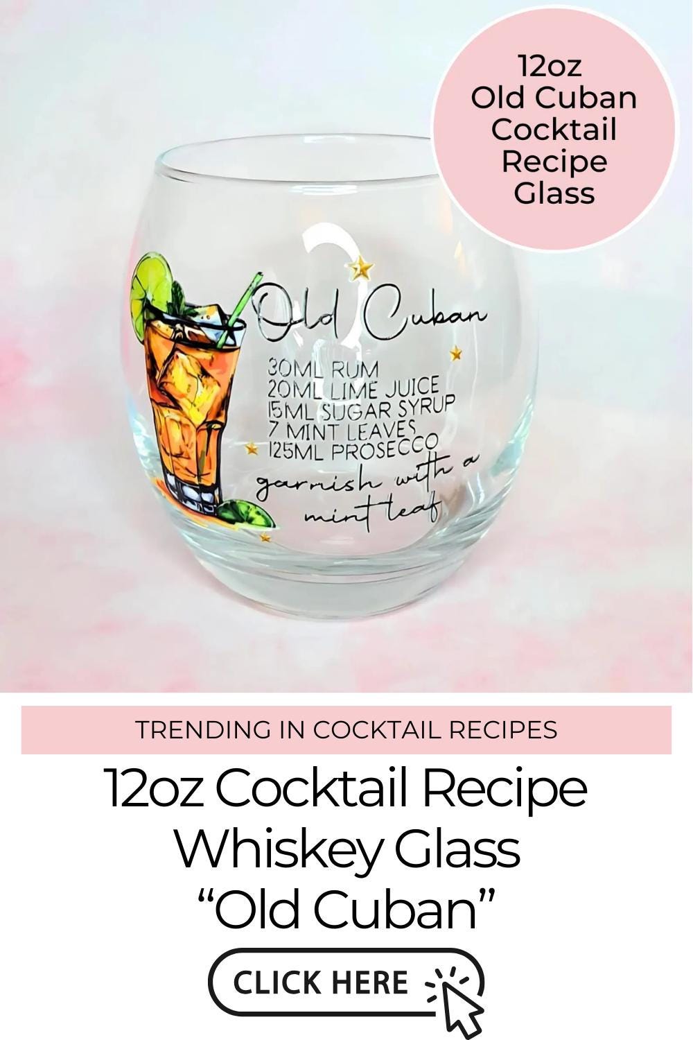 Old Cuban Whiskey Mixer Glass With Recipe, Classic Rum Cocktail Gift For Fathers Day, Best Man Proposal Gift, Husbands Barware Collection