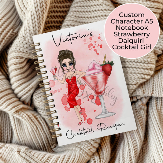 Strawberry Daiquiri Personalized A5 Wire-Bound Notebook with Custom Character Design, Strawberry Cocktail Girl, Lined Party Planning Notepad Gift #NB