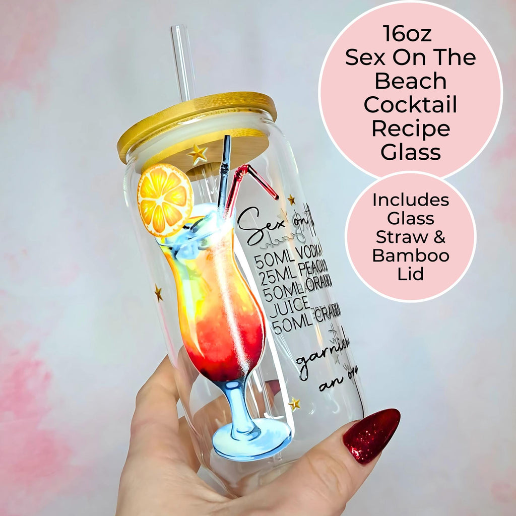 16oz Sex On The Beach Cocktail Recipe Glass – Clear Tumbler with Bamboo Lid #CL