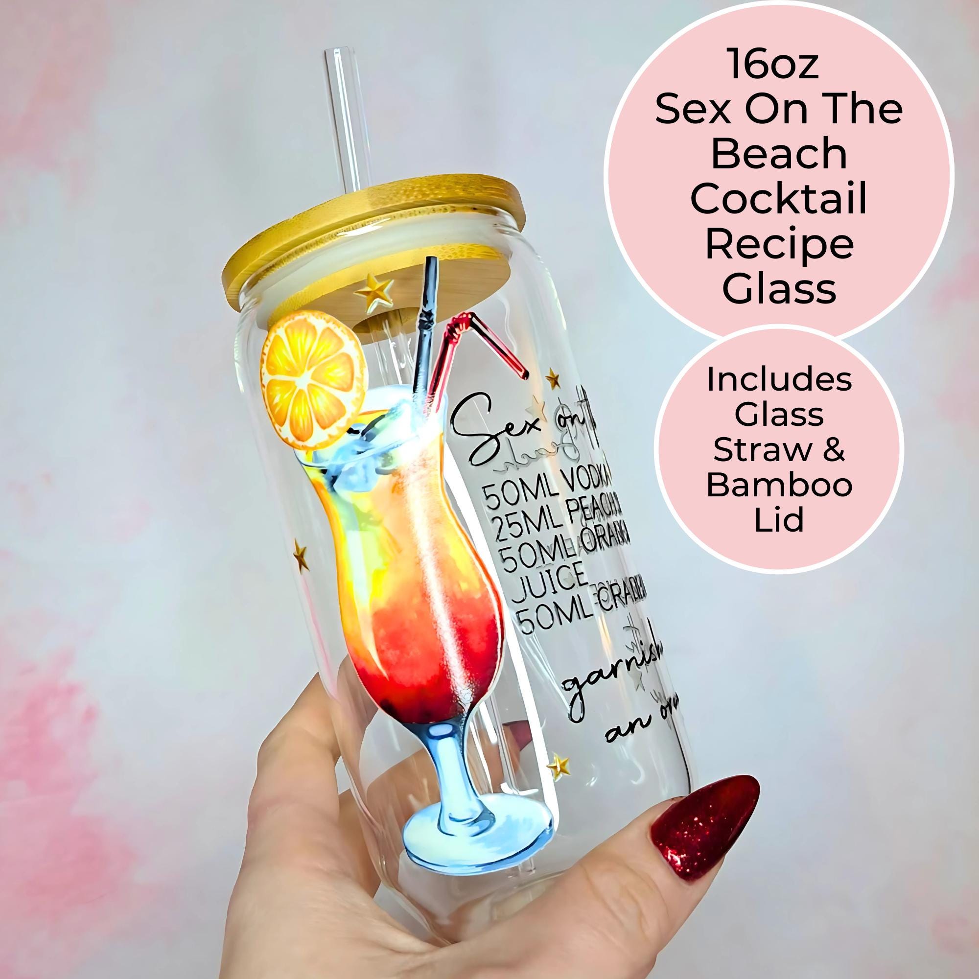 16oz Sex On The Beach Cocktail Recipe Glass – Clear Tumbler with Bamboo Lid #CL