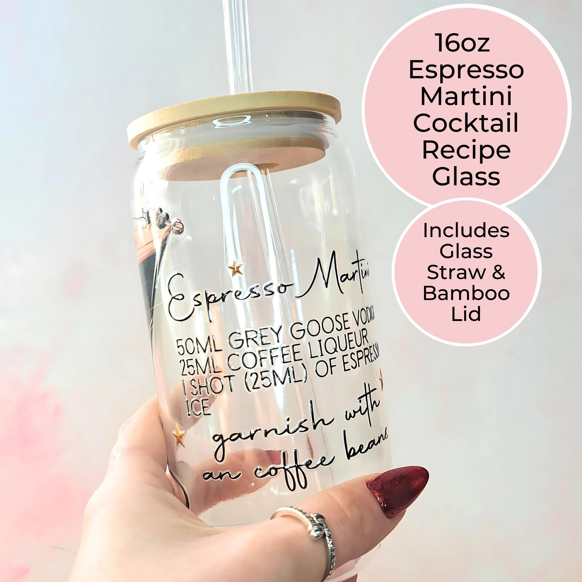 16oz Espresso Martini Cocktail Recipe Glass – Clear Tumbler with Bamboo Lid #CL