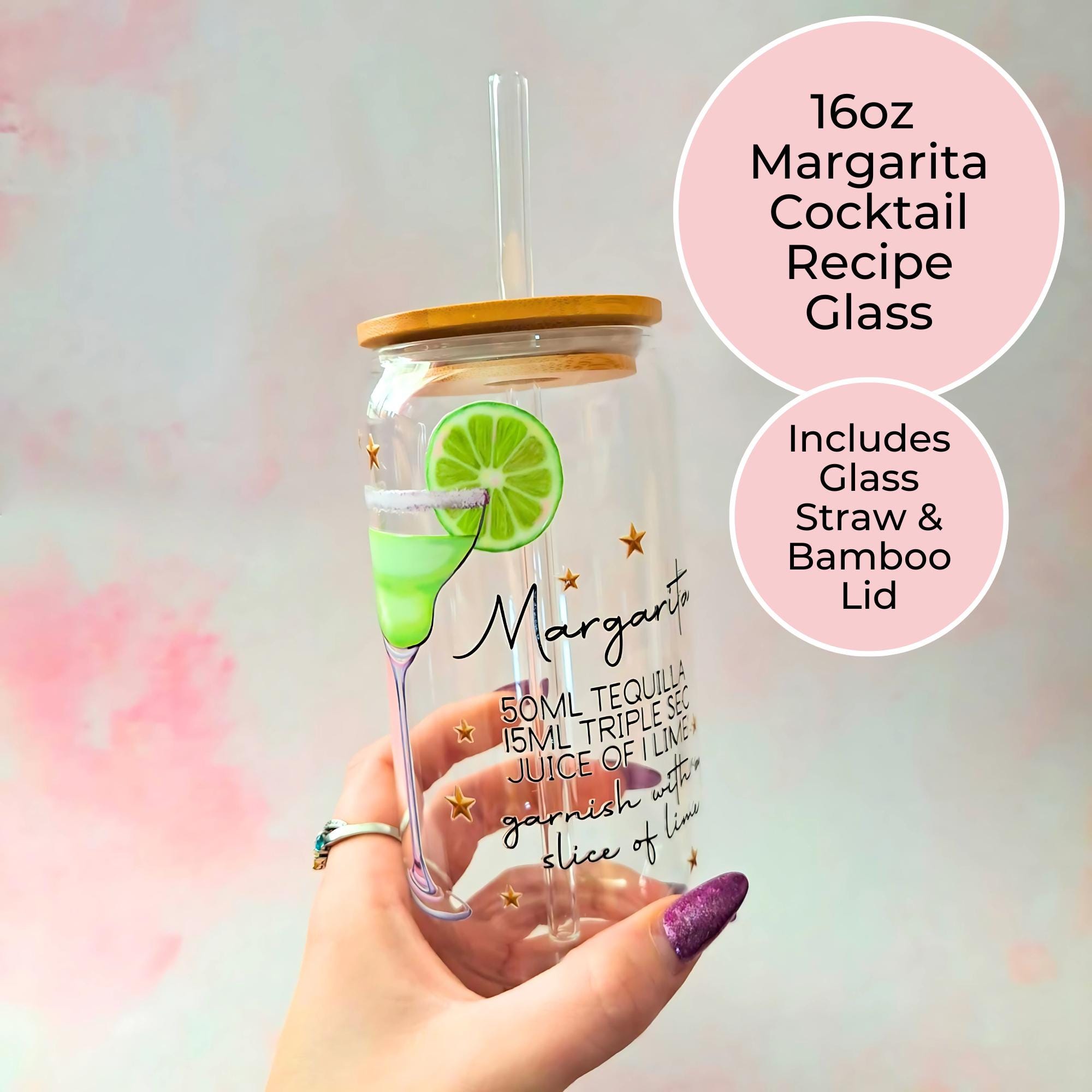16oz Margarita Cocktail Recipe Glass – Clear Tumbler with Bamboo Lid #CL
