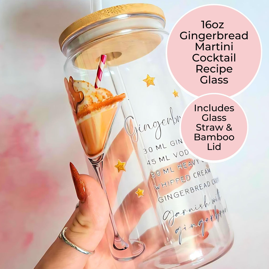 16oz Gingerbread Martini Cocktail Recipe Glass – Clear Tumbler with Bamboo Lid #CL