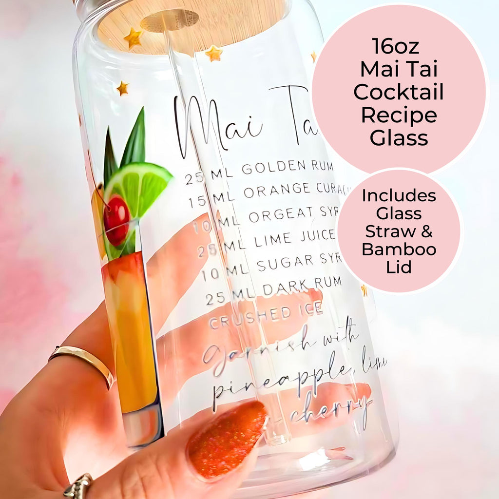 16oz Mai Tai Cocktail Recipe Glass – Clear Tumbler with Bamboo Lid #CL