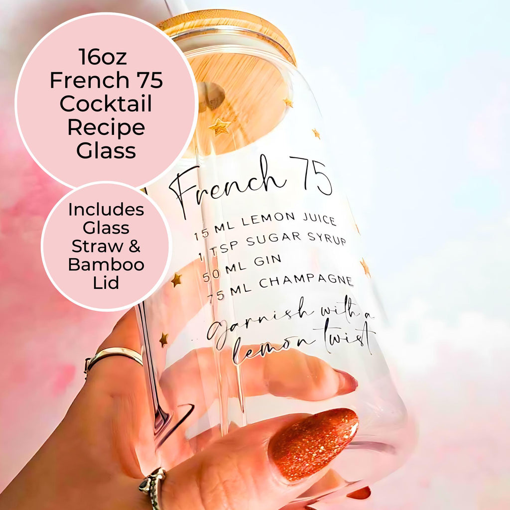 16oz French 75 Cocktail Recipe Glass – Clear Tumbler with Bamboo Lid #CL