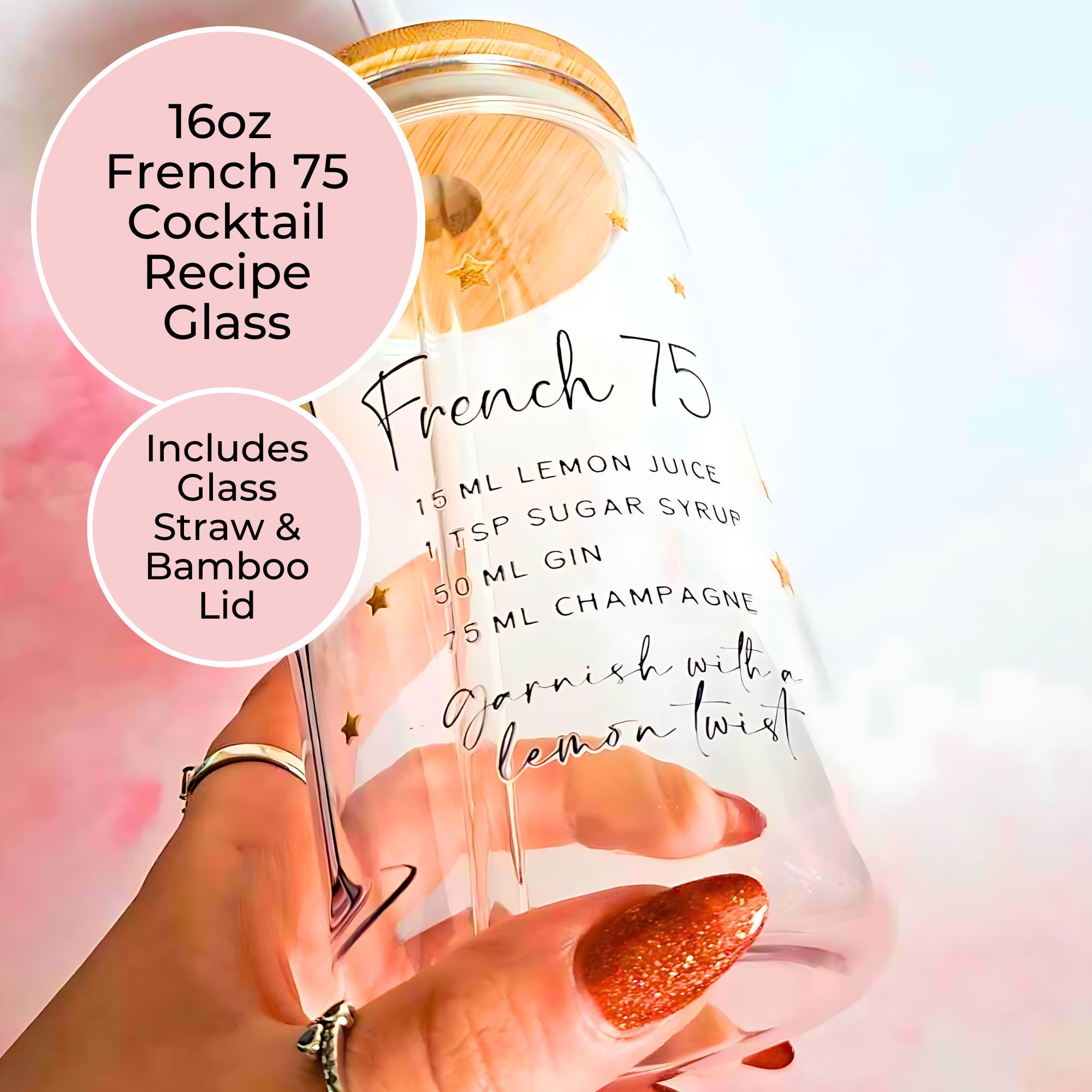 16oz French 75 Cocktail Recipe Glass – Clear Tumbler with Bamboo Lid #CL