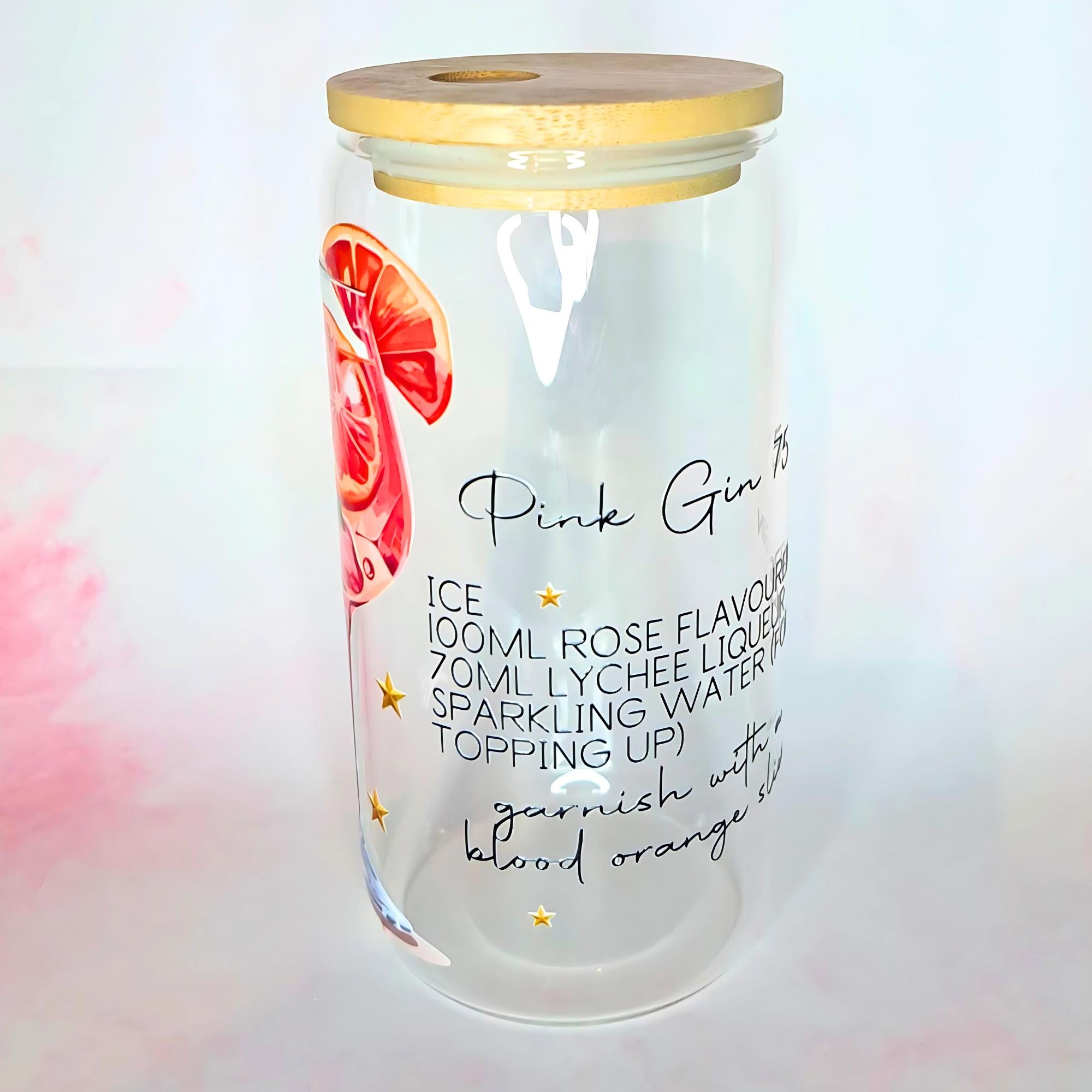 16oz Pink Gin 75 Cocktail Recipe Glass – Clear Tumbler with Bamboo Lid #CL