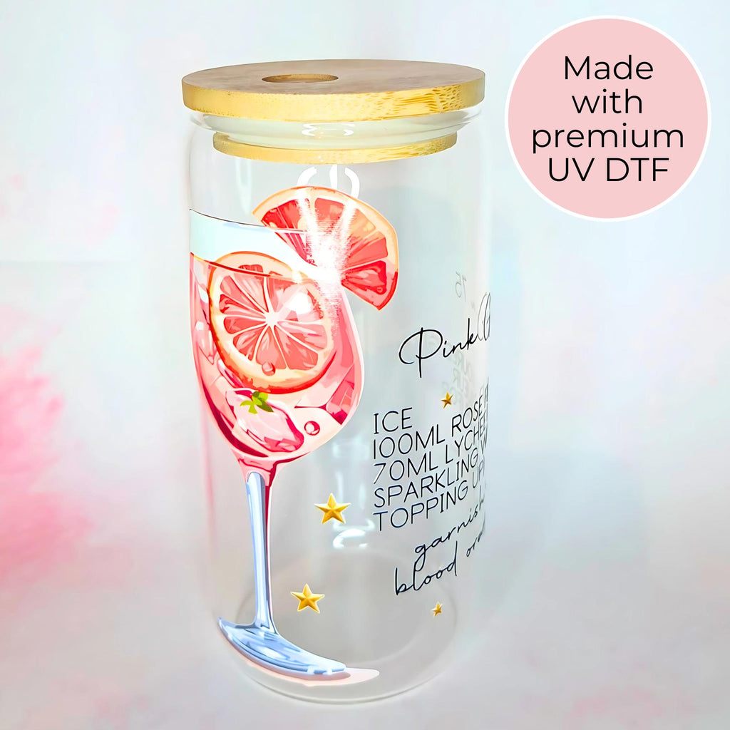 16oz Pink Gin 75 Cocktail Recipe Glass – Clear Tumbler with Bamboo Lid #CL