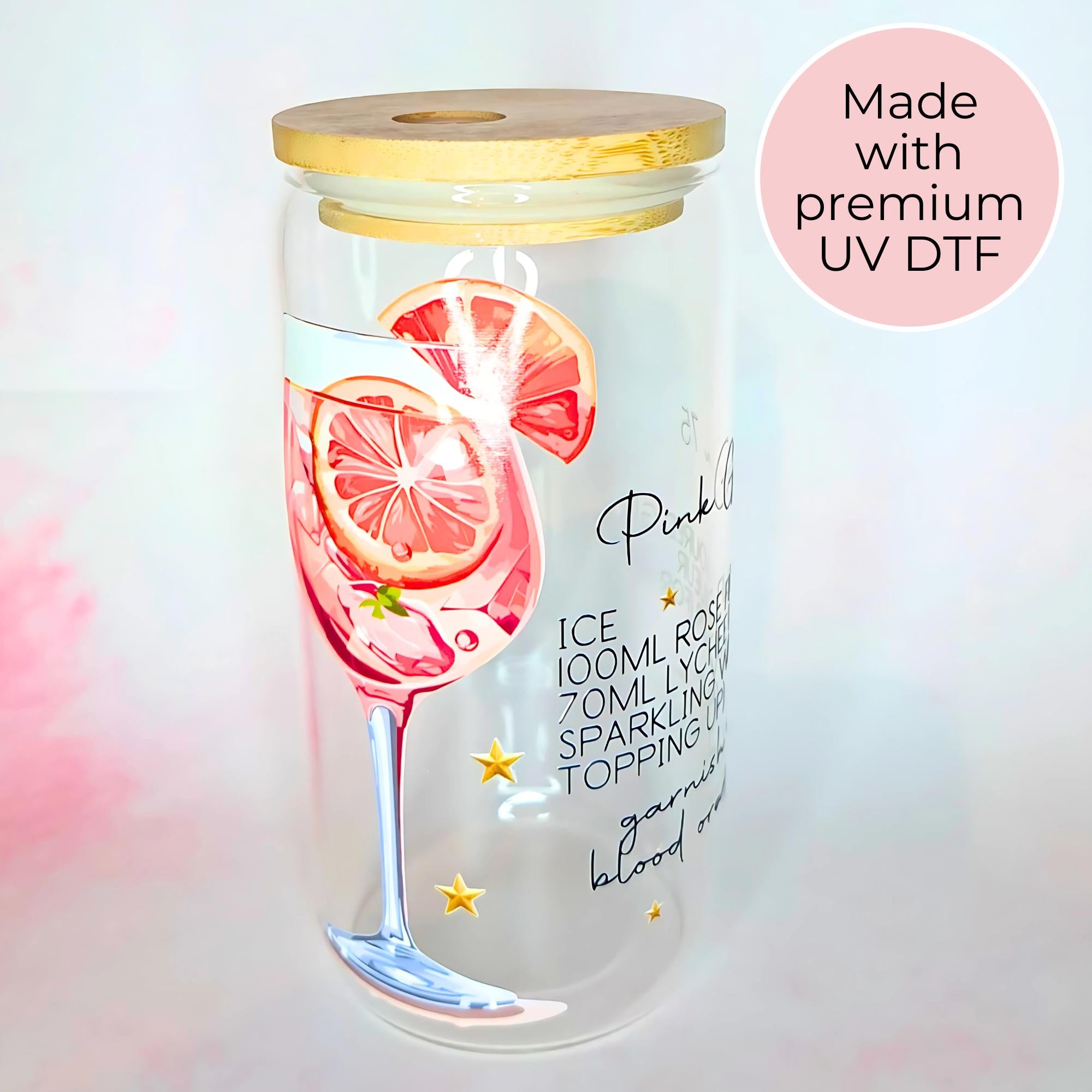 16oz Pink Gin 75 Cocktail Recipe Glass – Clear Tumbler with Bamboo Lid #CL