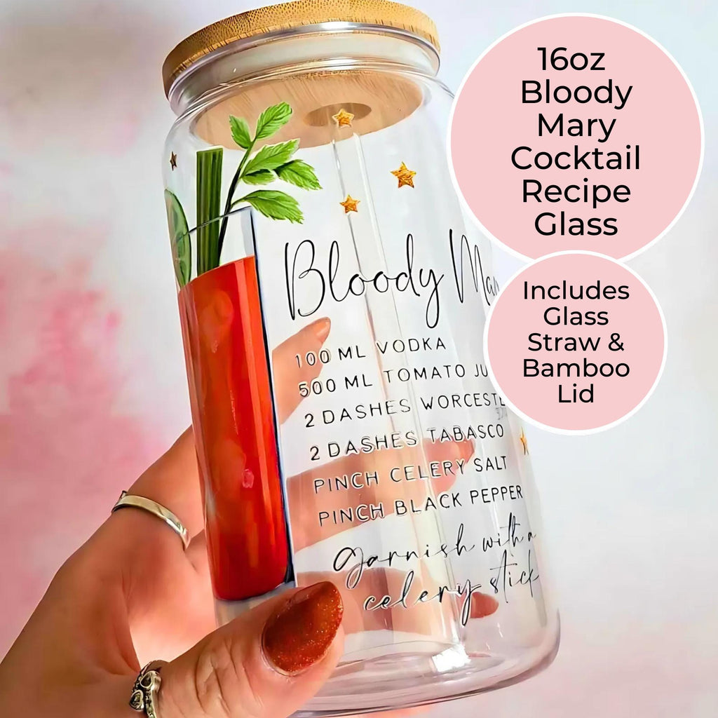 16oz Bloody Mary Cocktail Recipe Glass – Clear Tumbler with Bamboo Lid #CL