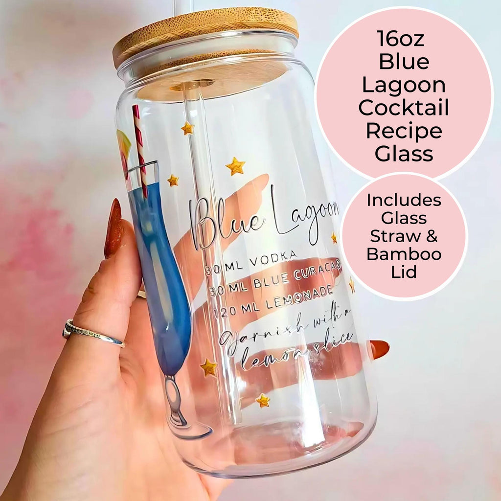 16oz Blue Lagoon Cocktail Recipe Glass – Clear Tumbler with Bamboo Lid #CL