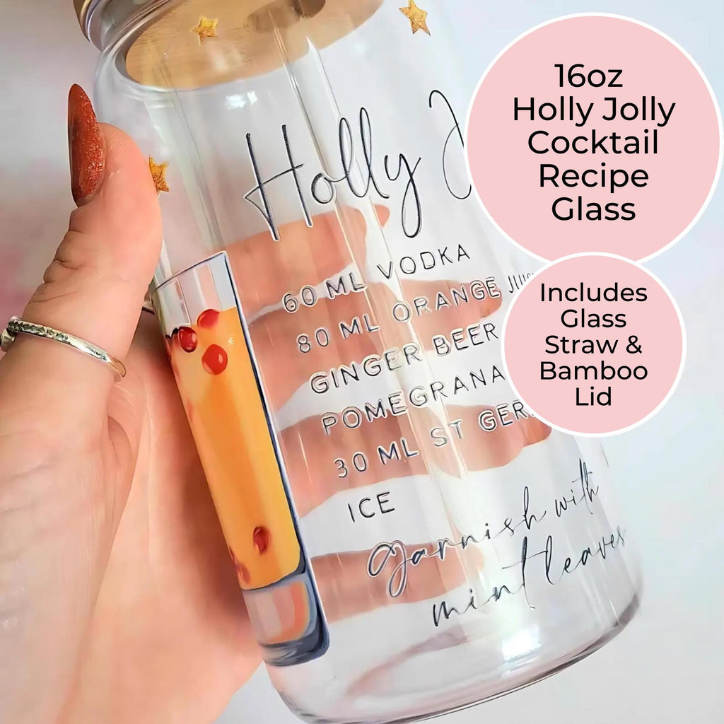 16oz Holly jolly Cocktail Recipe Glass – Clear Tumbler with Bamboo Lid #CL