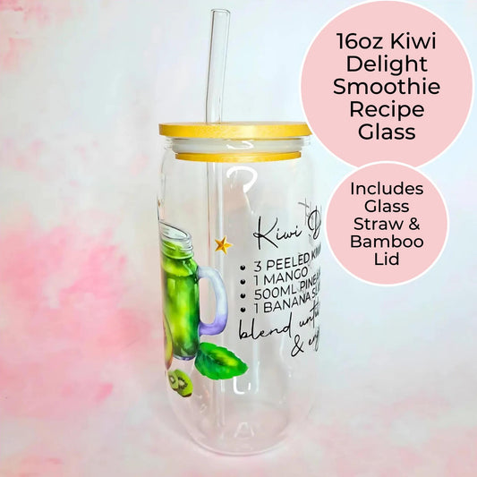 Health Enthusiast Mocktail Recipe Glassware, 16oz Kiwi Delight Glass Tumbler & Straw, Morning Energy Boost Dry January Inspired Gift #SCT