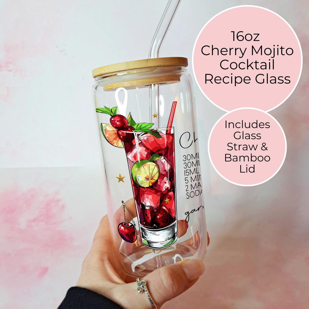 Cherry Mojito Cocktail Recipe Glass Gift, Faux Ice Lid Glass Cocktail Tumbler, Summer Soirree Signature Wedding Cocktail, Bridal shower Gift #CL