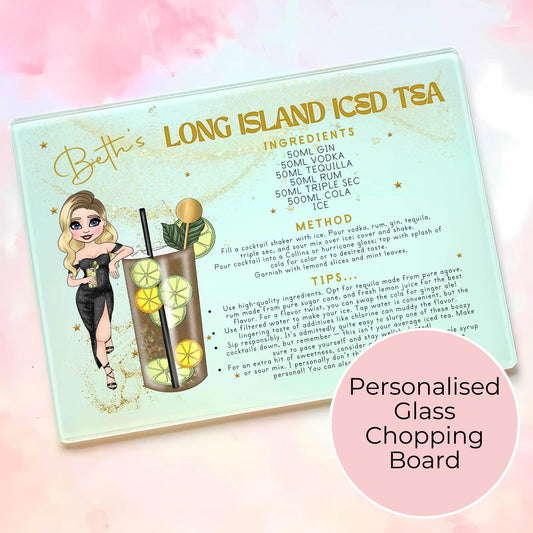 Personalized A4-Sized Glass Chopping Board, Elegant Long Island Iced Tea Recipe Gift for Sophisticated Cocktail Lovers, Luxurious Home Bars