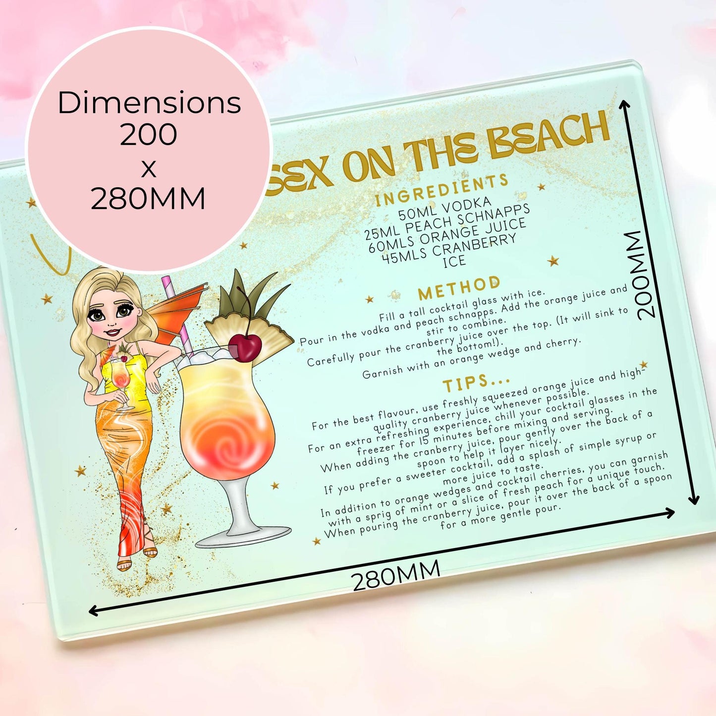 Personalized A4-Sized Glass Chopping Board,Sex On The Beach Tropical Cocktail Recipe Gift For 18th Birthday, Housewarming Summer Soiree Gift