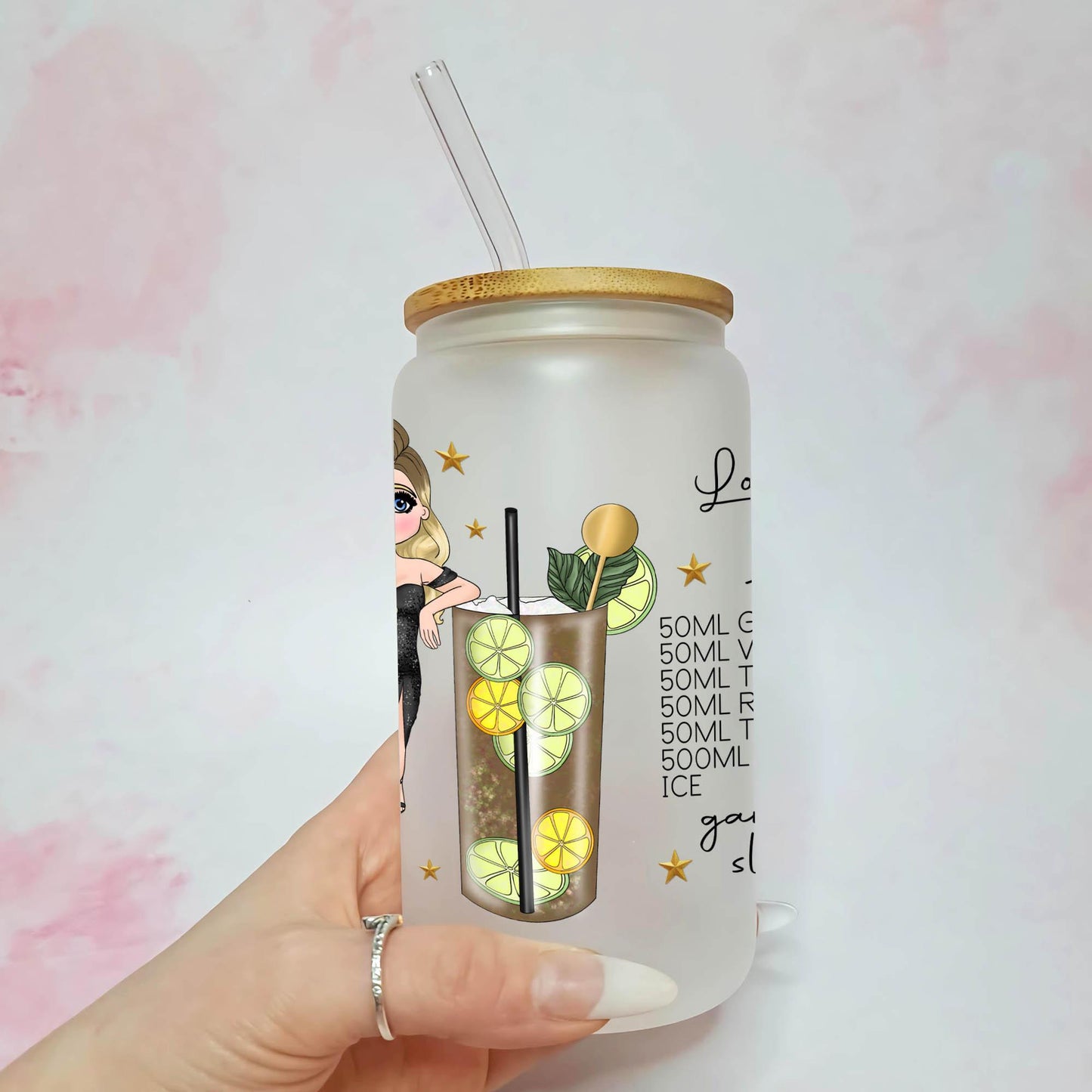 Long Island Iced Tea 16oz Frosted Libby Glass With Custom Character & Cocktail Recipe, Elegant Cocktail Tumbler For Her, Hen Party Drinkware #FL