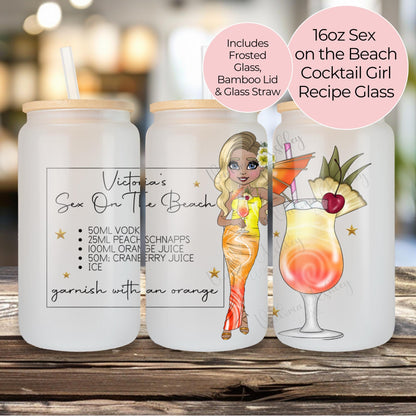 Personalised Character Portrait Cocktail Glass With Recipe For Big Sister, Frosted Cocktail Glass Sex On The Beach Bachelorette Hostess Gift