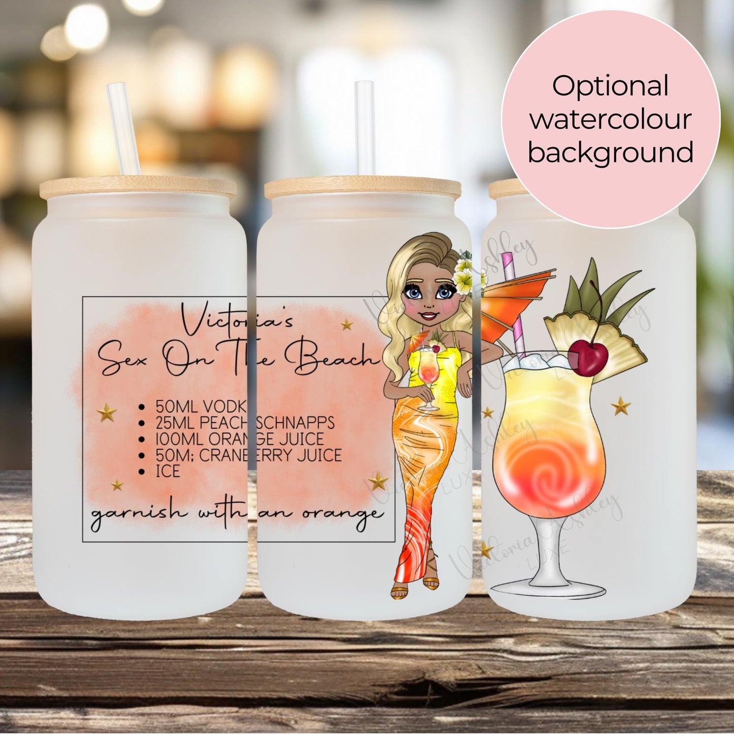 Personalised Character Portrait Cocktail Glass With Recipe For Big Sister, Frosted Cocktail Glass Sex On The Beach Bachelorette Hostess Gift