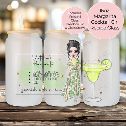 Cocktail Dolly 16oz Frosted Recipe Glass, Personalised Margarita Cocktail Gift For Mum, Green Cocktail Mocktail Personalised Drinkware Gift