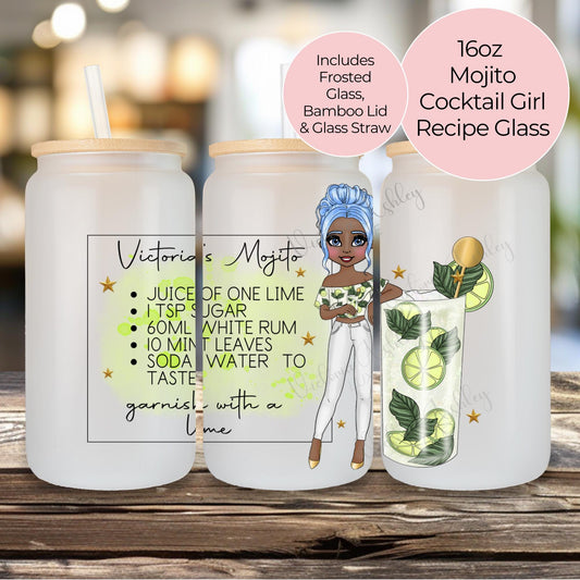 Custom Cocktail Girl Mojito Cocktail Recipe Glass, 16oz Libby Glass For Receptionist or Hostess Appreciation Gift, Cocktail Lovers Delight