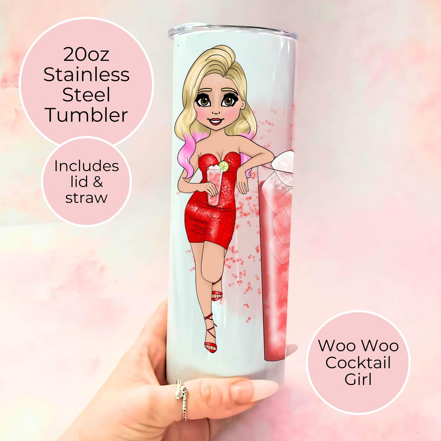 20oz Woo Woo Cocktail Girl Stainless Steel Tumbler, Hot Cold Insulated Tumble For Gym Work Commute, Air Hosttess Spill Proof Travel Tumbler