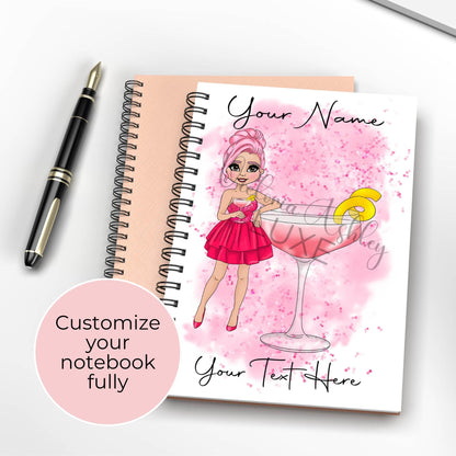 Girly Pink Cosmopolitan Cocktail Girl Themed Notebook, A5 Party Planning Jotter, Notepad Gift For Her Birthday, Mothers Day Notebook Gift