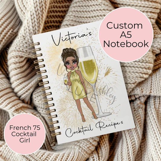 French 75 Classic Champagne Cocktail Celebratory Notebook Gift, Personalised Graduation End Of Year Gift For Her, Custom Character Cocktail Notebook #NB