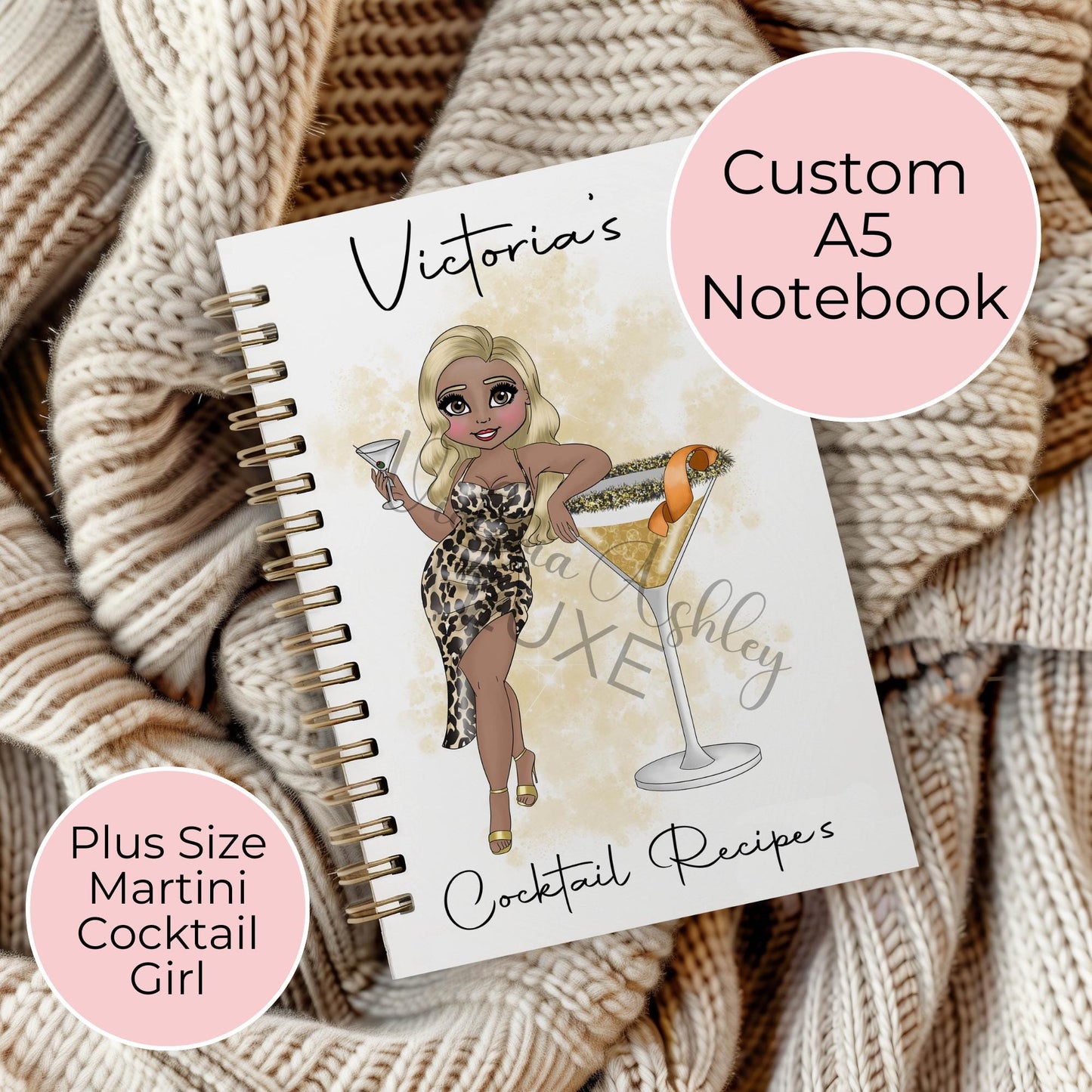 Plus Sized Martini Girl Personalised A5 Spiral Wire Notebook, Teacher End Of Term Gift, Wedding Planning Notebook, Line Paper #NB