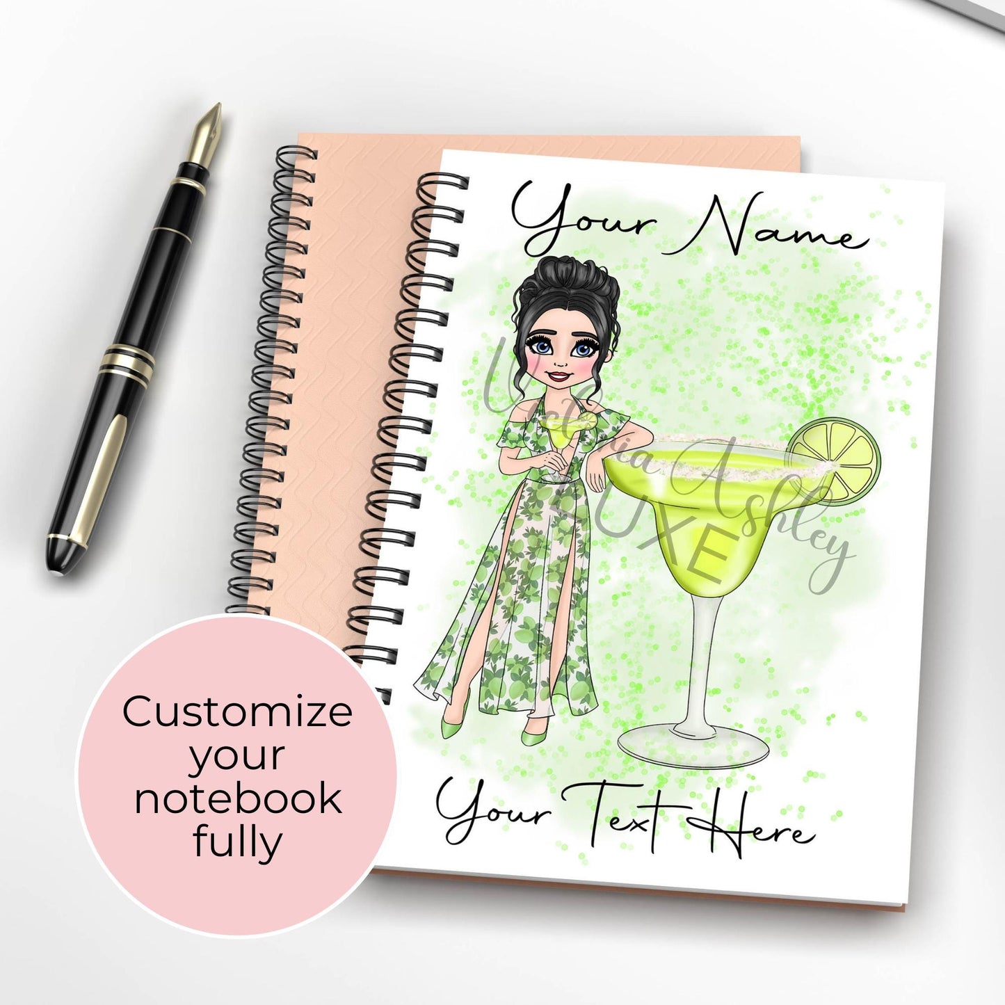 A5 Wirebound Notebook With Margarita Cocktail Girl, Custom Characacter Cocktail Theme Journal, Spiral Notebook For Wedding Cocktail Planning