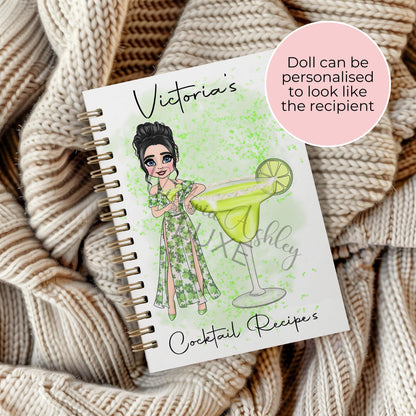 A5 Wirebound Notebook With Margarita Cocktail Girl, Custom Characacter Cocktail Theme Journal, Spiral Notebook For Wedding Cocktail Planning