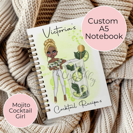 Mojito Character Cocktail Girl, A5 Wire-Bound Notebook With Lined Pages, Her Milestone Birthday Gift, Cocktail Party Planning Diary #NB